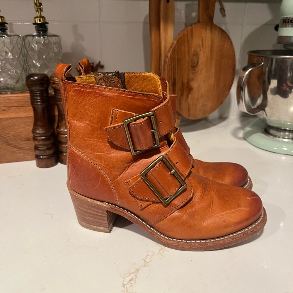 Frye Brown Leather Ankle Boots with Buckles